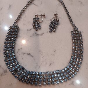 VINTAGE BLUE RHINESTONE CRYSTAL CHOKER NECKLACE & MATCHING EARRINGS